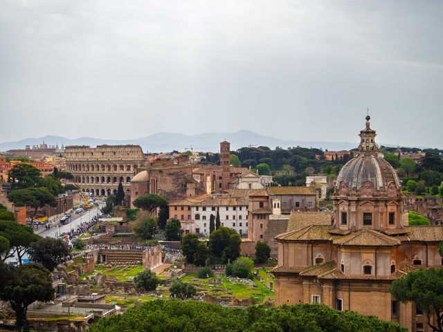 Church domes, civic towers, and the Roman Forum spreading across the city beneath a soft gray sky.