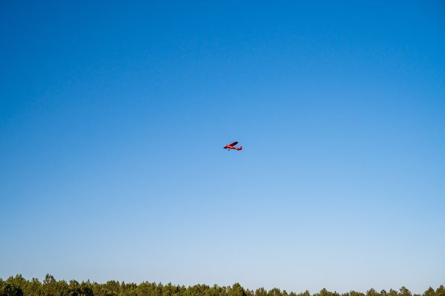 A distant red paraglider crossing an uninterrupted blue sky above the tree line.