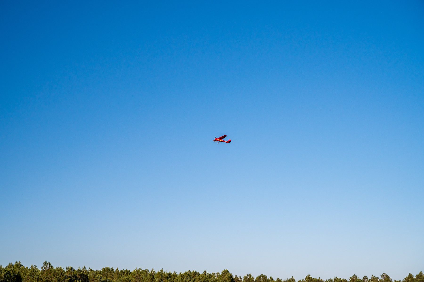A distant red paraglider crossing an uninterrupted blue sky above the tree line.