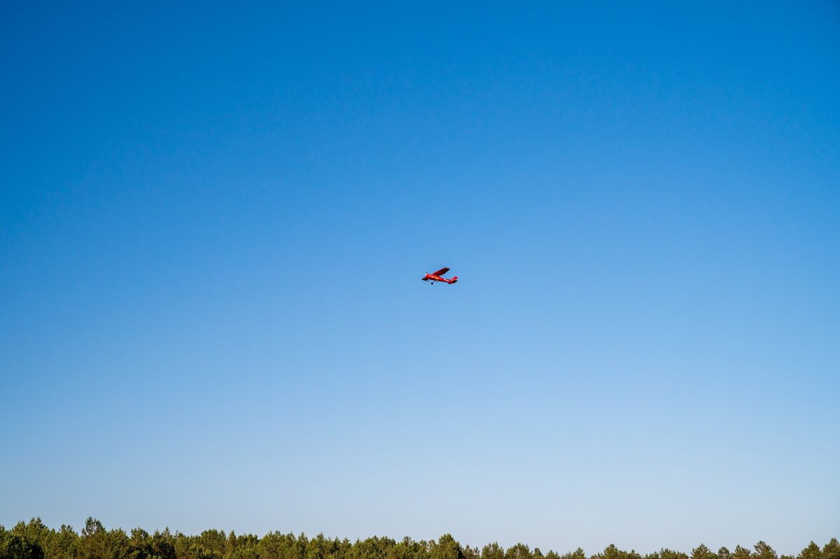 A distant red paraglider crossing an uninterrupted blue sky above the tree line.