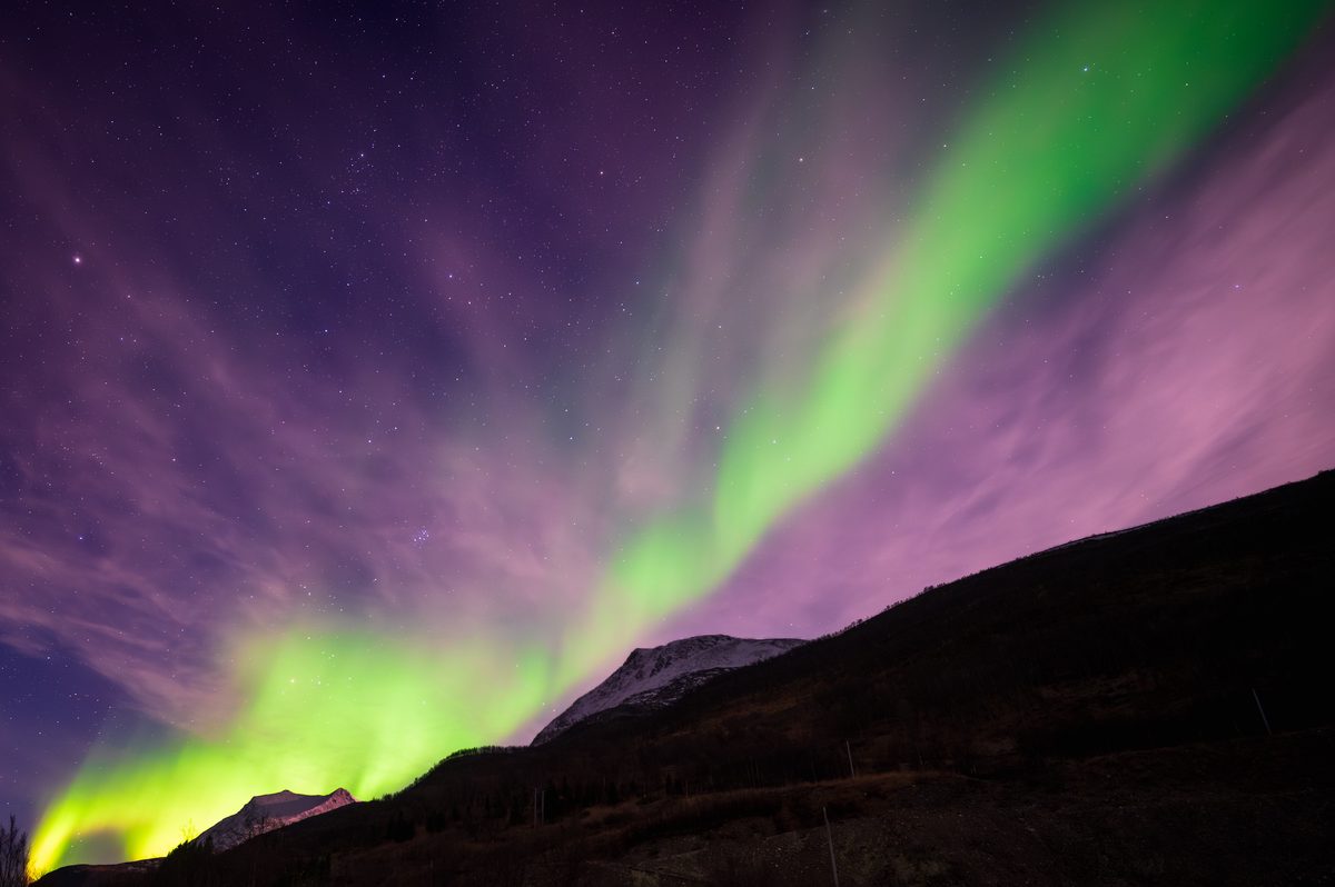 Green and violet aurora curtains streaming above the black edge of a mountain.
