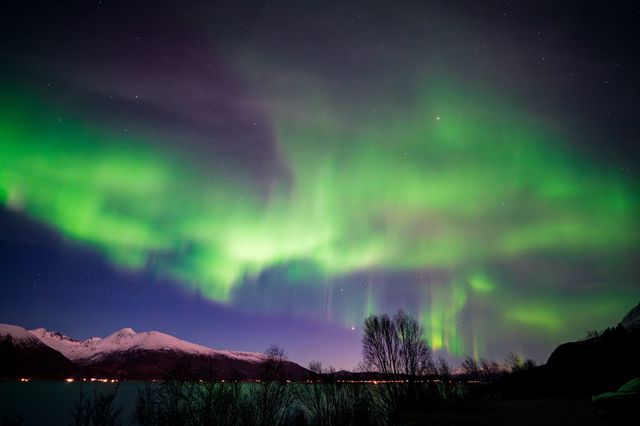 Soft green northern lights spread across cloud above jagged snowy peaks and a dark fjord.