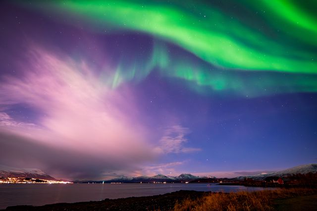 A vivid green aurora ribbon crossing violet cloud over the fjord and distant mountains.