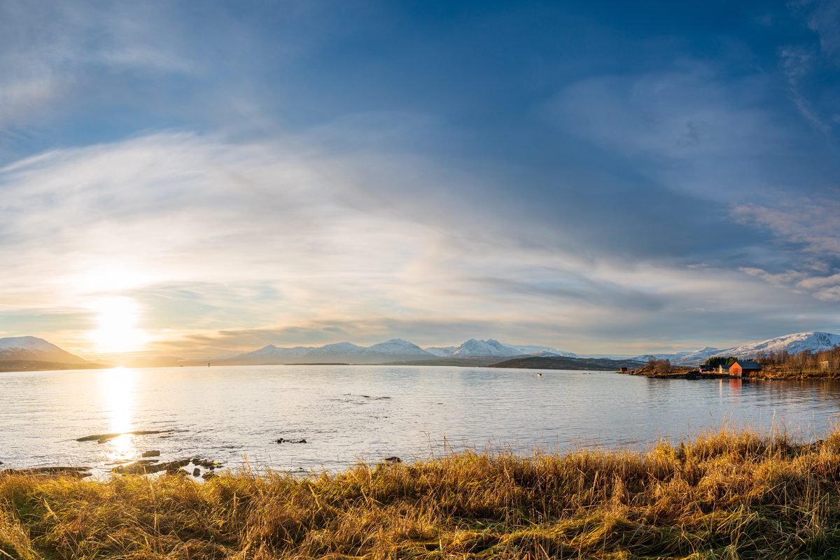 A panoramic view across a Norwegian fjord, with golden autumn grass leading toward distant snow-covered mountain peaks. The low sun and sweeping clouds create a luminous contrast between the warm foreground and cool Arctic landscape.