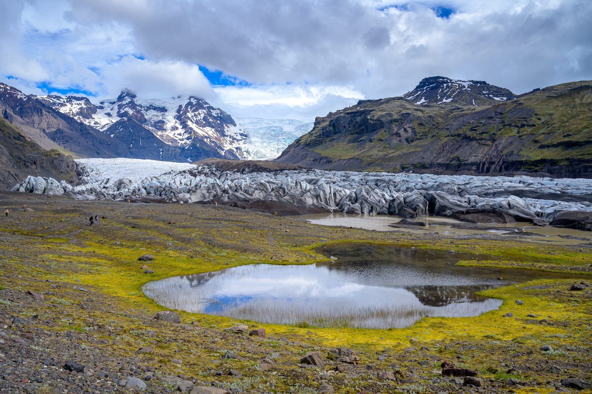 A quiet pool mirrors the sky beside a low wall of glacier ice and moss-covered moraine.