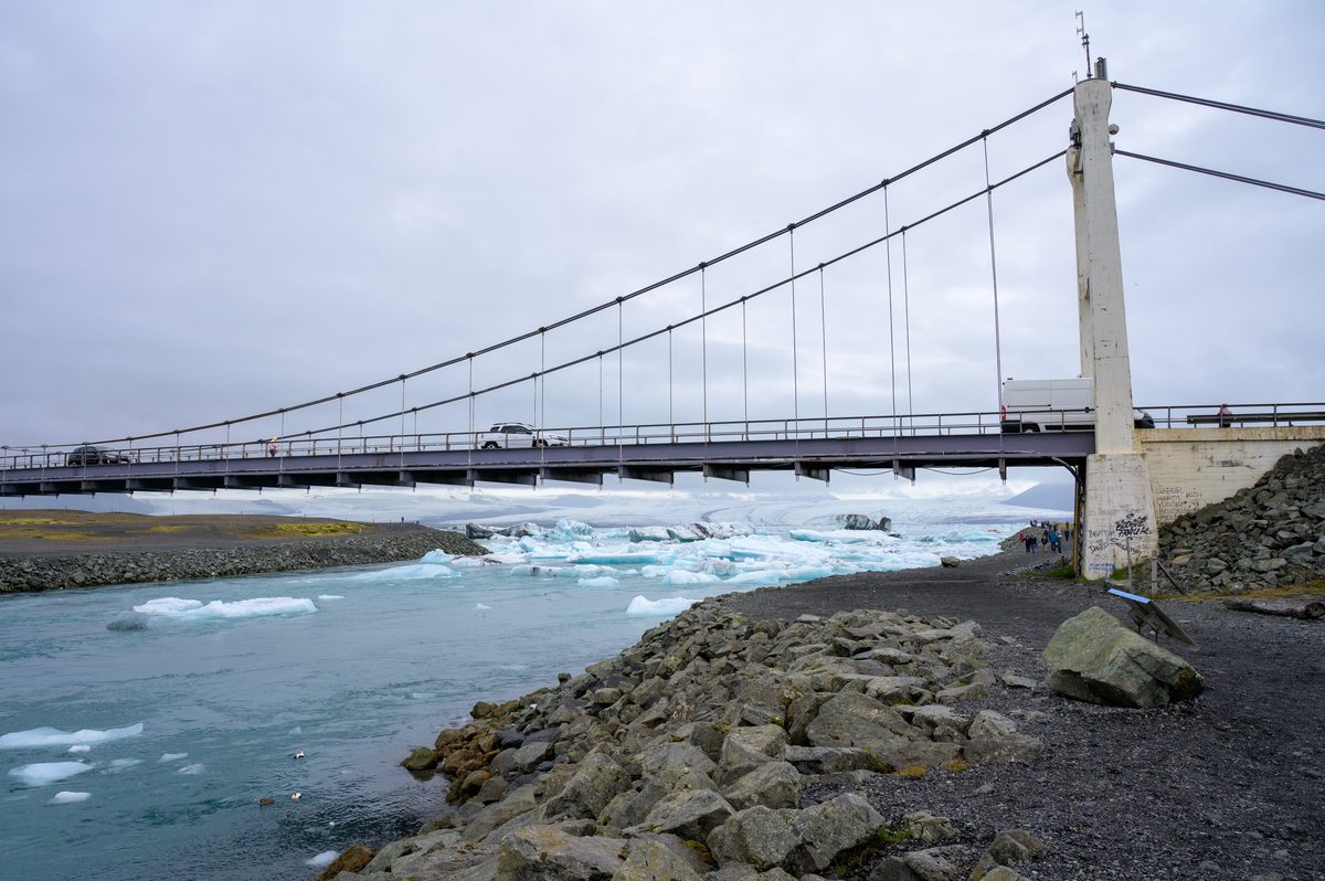 The Ring Road bridge crosses the icy channel where Jökulsárlón flows toward the Atlantic.